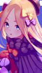  1girl abigail_williams_(fate/grand_order) bangs black_bow black_dress black_headwear blonde_hair blue_eyes blush bow dress fate/grand_order fate_(series) fifty1202 forehead hat highres long_hair long_sleeves looking_at_viewer multiple_bows object_hug open_mouth orange_bow parted_bangs polka_dot polka_dot_bow ribbed_dress sleeves_past_fingers sleeves_past_wrists solo stuffed_animal stuffed_toy teddy_bear 