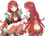  1girl alternate_color anger_vein ass bangs bare_shoulders blush breasts chest_jewel chin_rest cleavage closed_mouth elbow_gloves frown gem gloves headpiece highres hikari_(xenoblade_2) jewelry large_breasts long_hair looking_at_viewer multiple_views ormille red_hair simple_background squatting swept_bangs thighs tiara white_background xenoblade_(series) xenoblade_2 yellow_eyes 