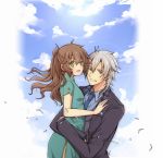  1boy 1girl :d aono_(aonocrotowa) aqua_dress black_jacket blue_neckwear blue_shirt blue_sky brown_hair carrying china_dress chinese_clothes cloud collared_shirt couple dress earrings eiyuu_densetsu floating_hair green_eyes grin highres jacket jewelry long_hair long_sleeves looking_at_viewer necktie open_mouth outdoors rean_schwartzer red_eyes sen_no_kiseki shirt short_sleeves side_slit silver_hair sky smile striped striped_shirt towa_herschel vertical-striped_shirt vertical_stripes white_background wing_collar 