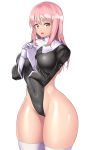  1girl black_leotard breasts covered_navel curvy elbow_gloves gloves hands_clasped hands_together highleg highleg_leotard large_breasts leotard long_hair looking_at_viewer nagase_haruhito nun original own_hands_together pink_hair praying thick_thighs thighs wide_hips yellow_eyes 
