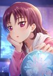  1girl :o artist_name bangs blurry blurry_background chin_rest commentary dated english_commentary hair_down highres hood hood_down kazuno_leah long_hair long_sleeves looking_at_viewer love_live! love_live!_sunshine!! pink_hoodie purple_eyes purple_hair shamakho snow_globe solo upper_body 