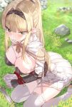  1girl aiguillette ass bangs blonde_hair blurry blurry_background blush boots bound bound_wrists breasts capelet cleavage clenched_teeth commentary_request elf eyebrows_behind_hair field gauntlets grass grasslands green_eyes hair_intakes hairband highres kfr large_breasts leaning_forward long_hair original pleated_skirt pointy_ears ponytail print_capelet rock rope seiza sidelocks sitting skirt sweat sword tearing_up teeth thigh_boots thighhighs weapon white_capelet white_legwear white_skirt zettai_ryouiki 
