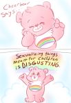  2016 3_toes 4_fingers blush care_bears cheer_bear cheering cub english_text female fingers front_view fur mammal nude paws rainbow smile standing text toes triinketfox ursid young 