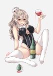  1girl adapted_costume alcohol alternate_costume armpits ascot black_leotard blonde_hair bottle braid breasts brown_eyes cleavage_cutout corset cup drinking_glass drunk eyebrows_visible_through_hair full_body grey_background grey_hair hair_between_eyes hat heart kantai_collection kuga_zankurou large_breasts leotard leotard_under_clothes long_hair long_sleeves looking_at_viewer mini_hat open_mouth pola_(kantai_collection) simple_background sitting solo text_focus thick_eyebrows thighhighs tilted_headwear twitter_username wavy_hair white_legwear wine wine_bottle wine_glass 
