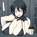  1girl 30th_video_rentals bikini_top black_bikini_top black_gloves black_hair blush breast_rest breasts chuuko_rental coffee_cup cup disposable_cup gloves half-closed_eyes highres huge_breasts jitome kataochi_chuuko nakako_kataochi open_mouth sanpaku short_hair skindentation solo torso virtual_youtuber yugami_gooshu 