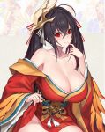  1girl 2d ahoge azur_lane bangs bare_shoulders black_hair blush breasts cleavage closed_mouth collarbone crossed_bangs eyebrows_visible_through_hair feather-trimmed_sleeves finger_to_mouth hair_between_eyes hair_ribbon hakama_skirt head_tilt huge_breasts japanese_clothes kimono lifted_by_self long_hair looking_at_viewer mask mask_on_head no_panties off-shoulder_kimono pleated_skirt red_eyes red_kimono red_skirt ribbon skirt skirt_lift smile solo striped striped_ribbon taihou_(azur_lane) tied_hair twintails very_long_hair wide_sleeves 