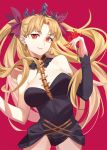  1girl bangs bare_shoulders black_leotard blonde_hair bow breasts cleavage closed_mouth commentary_request cowboy_shot detached_sleeves earrings ereshkigal_(fate/grand_order) eyebrows_visible_through_hair fate/grand_order fate_(series) flower hair_bow halterneck highres holding holding_flower jewelry leotard looking_at_viewer medium_breasts parted_bangs pink_lips purple_bow red_eyes single_detached_sleeve skull smile solo spider_lily spine tiara two_side_up yaxiya 