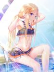  1girl abigail_williams_(fate/grand_order) bangs bare_arms bare_shoulders bikini black_bikini blonde_hair blush closed_mouth commentary_request dated emerald_float fate/grand_order fate_(series) highres knee_up long_hair looking_at_viewer mouth_hold navel orange_ribbon parted_bangs pool poolside purple_eyes ribbon ribbon_in_mouth sanka_tan signature sitting solo swimsuit tying_hair very_long_hair water wet 