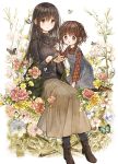  2girls :o age_difference bug butterfly flower highres insect itou_hachi kneeling light_smile long_hair multiple_girls original short_hair sitting sweater 
