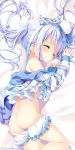  1girl :&lt; animal_print ass bare_shoulders bed_sheet bloomers bloomers_pull blue_hair blush bunny_print closed_eyes commentary_request gochuumon_wa_usagi_desu_ka? hair_ribbon hair_spread_out highres kafuu_chino long_hair long_sleeves lying neki_(wakiko) on_side print_ribbon ribbon sleeping solo twintails twitter_username underwear 