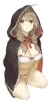  1girl :&lt; absurdres ahoge bad_anatomy bad_arm bad_leg bad_perspective black_capelet black_footwear blush boots bra braid breasts brown_eyes brown_hair capelet goekawa hair_ribbon highres hood hooded_capelet kantai_collection large_breasts long_hair navel red_ribbon ribbon shinshuu_maru_(kantai_collection) simple_background solo twin_braids underwear white_background white_bra 