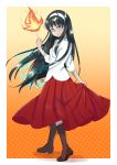  1girl absurdres black_hair blue_eyes blush bow commission english_commentary hairband highres long_hair long_skirt long_sleeves looking_at_viewer melty_blood nyoomdoesstuff ribbon skirt smile solo toono_akiha tsukihime type-moon very_long_hair white_hairband 