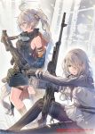  2girls ahoge ammunition_belt arm_strap bangs bare_shoulders black_footwear black_gloves black_jacket black_shirt boots commentary_request daito girls_frontline gloves goggles goggles_around_neck grey_hair gun hair_ornament hair_over_one_eye high_collar highres holding holding_gun holding_weapon jacket leg_belt long_hair long_sleeves looking_at_viewer looking_away multiple_girls off_shoulder pantyhose parted_lips pk_(girls_frontline) pk_machine_gun pkp_(girls_frontline) pkp_pecheneg ponytail red_eyes shirt sidelocks sitting sleeveless sleeveless_shirt standing strap thigh_boots thighhighs watermark weapon white_shirt yellow_eyes 