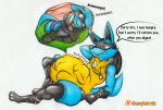  belly big_belly blue_body blue_fur brother brothers bulge canid canine collar digestion english_text fan_character fur incest internal lucario male male_pred male_prey mammal nintendo nude pok&eacute;mon pok&eacute;mon_(species) riolu sassylebraix scar scared sibling text traditional_media_(artwork) video_games vore 