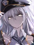  1girl alternate_eye_color arm_up artist_name azur_lane bangs black_neckwear closed_mouth collared_shirt commentary_request dyolf enterprise_(azur_lane) eyebrows_visible_through_hair glowing glowing_eyes grey_hair hair_between_eyes hand_on_headwear hat long_hair looking_at_viewer military_hat necktie peaked_cap shirt signature sleeveless sleeveless_shirt solo upper_body v-shaped_eyebrows white_headwear white_shirt yellow_eyes 