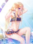  1girl abigail_williams_(fate/grand_order) absurdres bangs bare_arms bare_shoulders bikini black_bikini black_bow blonde_hair blush bow breasts closed_mouth commentary_request dated emerald_float fate/grand_order fate_(series) forehead frilled_bikini frills highres knee_up long_hair looking_at_viewer microskirt mouth_hold multiple_bows navel orange_bow orange_ribbon parted_bangs pool poolside purple_eyes ribbon ribbon_in_mouth sanka_tan signature sitting skirt small_breasts solo swimsuit tying_hair very_long_hair water wet 