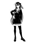  1girl closed_mouth contrapposto fate/type_redline fate_(series) fujimiya_tsukumo full_body greyscale hand_on_hip highres hirano_ryouji looking_at_viewer mary_janes monochrome neckerchief official_art one_side_up pleated_skirt school_uniform serafuku shoes skirt smile sock_garters solo thighhighs 