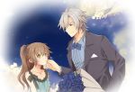  1boy 1girl aono_(aonocrotowa) black_bow black_jacket black_scrunchie blue_flower blue_neckwear blue_rose blue_shirt bouquet bow brown_hair closed_mouth collarbone collared_shirt couple earrings eiyuu_densetsu eye_contact flower green_eyes hair_ornament hair_scrunchie highres holding holding_bouquet jacket jewelry long_hair long_sleeves looking_at_another looking_up open_clothes open_jacket ponytail rean_schwartzer red_eyes rose scrunchie sen_no_kiseki shirt silver_hair sleeveless sleeveless_shirt smile towa_herschel wing_collar 