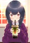  1girl bangs black_hair blurry blurry_background braid bubble_tea commentary_request cup depth_of_field disposable_cup drinking eyebrows_visible_through_hair glasses hair_ornament hairclip heart heart_in_eye highres holding holding_cup idolmaster idolmaster_shiny_colors kokusan_moyashi long_hair long_sleeves looking_at_viewer morino_rinze purple_sweater red_eyes sleeves_past_wrists solo sweater symbol_in_eye twin_braids upper_body yellow-framed_eyewear 