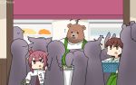  2girls 6+others alternate_costume animalization apron bear bow box brown_eyes brown_hair character_request clothes_writing commentary_request cowboy_shot dated green_apron groceries hair_bow hamu_koutarou highres kamikaze_(kantai_collection) kantai_collection kuma_(kantai_collection) long_hair milk_carton multiple_girls multiple_others ooi_(kantai_collection) purple_hair spring_onion sweater upper_body white_sweater yellow_bow 