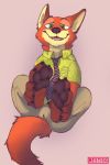  anthro black_nose bottomwear bulge canid canine cheek_tuft claws clothing disney facial_tuft fluffy fluffy_tail foot_focus fox fur green_eyes inner_ear_fluff looking_at_viewer male mammal mestisoart neck_tuft necktie nick_wilde open_mouth open_smile orange_body orange_fur pants pawpads red_fox shirt simple_background smile solo tan_body tan_fur teeth toe_claws topwear tuft zootopia 