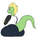  anthro big_butt biped blonde_hair bottomwear breasts brown_eyes butt chubby_female clothed clothing curvy_figure digitalpelican dragon female frown fully_clothed green_body green_scales hair horn jeans long_tail looking_at_viewer looking_back mohawk_(hairstyle) non-mammal_breasts pants sasha_(digitalpelican) scales scalie shirt slightly_chubby solo thick_tail thick_thighs topwear voluptuous wide_hips 