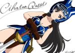  1girl armor armored_leotard artist_name asymmetrical_bangs bangs belt black_belt black_eyes blue_footwear blue_headwear boobplate boots breastplate breasts bukkuri cleavage closed_mouth commentary_request copyright_name cosplay cursive dated dragon_quest dragon_quest_yuusha_abel_densetsu dutch_angle english_text frown girls_und_panzer helmet holding holding_sword holding_weapon long_hair medium_breasts nishi_kinuyo scabbard sheath signature simple_background sleeveless solo sword thigh_boots thighhighs tialah tialah_(cosplay) title_parody weapon white_background wind 