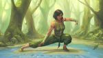  1girl armlet avatar_(series) brown_hair closed_eyes collarbone commentary dark_skin element_bending english_commentary fighting_stance forest grass highres korra krystopher_decker leaf leaves_in_wind light_rays nature short_hair sleeveless solo sunlight the_legend_of_korra toned tree water wrist_wrap 