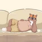  2019 anthro belly black_nose bottomwear canid canine canis clothing domestic_dog flappydog_(character) furniture humanoid_hands lying male mammal mask navel overweight overweight_male shorts sofa solo stitch5201314 