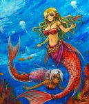  2girls bare_shoulders bikini_top blonde_hair breasts circlet collarbone coral dark_skin fish head_fins jellyfish jewelry long_hair medium_hair mermaid monster_girl multiple_girls navel necklace oil_painting_(medium) original tafuto traditional_media underwear white_hair 