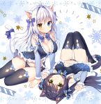  2girls animal_ear_fluff animal_ears antenna_hair babydoll black_babydoll black_hair black_legwear black_panties blue_bow blue_eyes bow breasts brown_eyes cat_ears cat_girl cat_tail cleavage collaboration commentary_request frilled_panties frills hair_intakes heterochromia kutata large_breasts long_hair low_twintails lying mauve multiple_girls no_shoes on_back original panties silver_hair small_breasts snowflakes tail tail_bow thighhighs twintails underwear underwear_only very_long_hair 