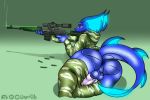  2019 anthro anus balls big_butt bioluminescence blush bodily_fluids bottomwear butt camo clothing curvy_figure digital_media_(artwork) dragon erection flay frill_(disambiguation) glowing gun hi_res holding_gun holding_object holding_weapon huge_butt laser male military penis ranged_weapon rifle scales scalie shirt simple_background sniper_rifle solo thick_thighs topwear weapon wide_hips wingedwilly 