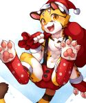  abs absurd_res amber_eyes anthro blush bulge christmas claws clothing cub feet felid fingerless_gloves gloves handwear hi_res holidays looking_at_viewer male mammal navel open_mouth pantherine pawpads raier solo suspenders tiger underwear unrealplace young 