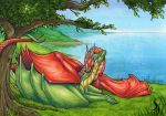  2019 claws day detailed_background dragon grass horn membrane_(anatomy) membranous_wings natoli outside scalie spines traditional_media_(artwork) tree water western_dragon wings 