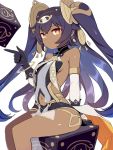  1girl bare_shoulders black_gloves black_hair breasts cube dark_skin detached_sleeves egyptian_clothes gloves hair_between_eyes headpiece highres kuyou_(artist) navel navel_cutout neftim orange_eyes see-through sideboob sitting solo twintails white_sleeves world_flipper 