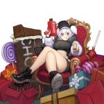  1girl box breasts candy cash_cannon chain chocolate chocolate_bar crossed_legs food food_in_mouth fur_jacket fur_trim gift gift_box hairband huge_breasts june_5 last_origin lollipop looking_at_viewer midriff pocky red_eyes sitting smile snickers solo t-13_alvis throne thug_life two_side_up white_background white_hair 