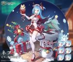  2girls antlers azur_lane blue_hair breasts chibi commentary_request hair_ears headgear kaede_(003591163) multiple_girls neptune_(azur_lane) official_art polearm reindeer_antlers scarf thighhighs trident two_side_up underboob warspite_(azur_lane) weapon white_scarf 