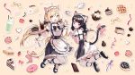  2girls :d ahoge animal_ear_fluff animal_ears apron bangs black_bow black_footwear black_hair black_skirt blonde_hair bow brown_background cake cat_ears cat_girl cat_tail center_frills commentary commission cup doughnut drink drinking_glass drinking_straw eyebrows_visible_through_hair food frilled_apron frills fruit hands_up highres holding holding_tray long_hair low_twintails maid mechuragi multiple_girls open_mouth original outline pink_bow plate puffy_short_sleeves puffy_sleeves red_eyes saucer shirt shoe_soles shoes short_sleeves skirt smile spoon strawberry swiss_roll tail tail_bow teacup teapot thighhighs tray twintails very_long_hair waffle waist_apron white_apron white_legwear white_outline white_shirt yellow_eyes 
