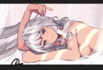  1girl animal_ears bed bed_sheet blush breasts bunny_ears final_fantasy final_fantasy_xiv grey_hair letterboxed looking_at_viewer lying nude on_side peachy_michi sideboob smile sunlight under_covers viera white_hair 