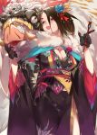  1girl :o black_gloves black_hair black_kimono boar breasts chinese_new_year cleavage floral_print flower fur_trim gloves hair_flower hair_ornament hand_up japanese_clothes kimono mask ohland oni oni_horns open_mouth original red_eyes solo standing wide_sleeves 