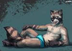  anthro black_nose bulge chest_tuft clothed clothing fangs fluffy fluffy_tail fur grey_body grey_fur juiceps lying male mammal neck_tuft open_mouth owo procyonid raccoon reclining sharp_teeth smile solo striped_tail stripes teeth tuft underwear 