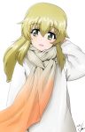  1girl artist_name bangs blonde_hair bukkuri carpaccio casual commentary_request dated eyebrows_visible_through_hair girls_und_panzer gradient_scarf green_eyes hand_behind_head head_tilt long_hair long_sleeves looking_at_viewer open_mouth orange_scarf scarf signature simple_background smile solo standing sweater white_background white_sweater 