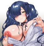  1girl black_neckwear blue_hair blush breasts choker closed_mouth fingernails gradient gradient_background grey_background hair_over_one_eye huge_breasts long_hair looking_at_viewer male_hand nipples ogino_atsuki original purple_nails shiny shiny_skin shirt shirt_pull simple_background smile solo_focus sweat twintails undressing white_background white_shirt yellow_eyes 