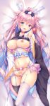  1girl animal_ears bangs blue_hair blush breasts cat_ears cat_tail choker dakimakura detached_sleeves eyebrows_visible_through_hair fang frills garter_belt heterochromia holding jewelry kinokomushi large_breasts looking_at_viewer lying masturbation mismatched_legwear multicolored_hair multiple_tails mushroom navel necklace nipples on_back open_mouth original panties pink_hair shirt_lift solo tail thighhighs two-tone_hair two_tails underwear virtual_youtuber 