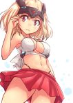  1girl arm_behind_back bangs black_panties blonde_hair breasts closed_mouth commentary_request cowboy_shot crop_top darius darius_burst frown headgear highleg highleg_panties kitayama_miuki looking_at_viewer medium_breasts microskirt navel panties pleated_skirt red_eyes red_skirt shirt short_hair simple_background skindentation skirt solo standing ti2 underwear white_background white_shirt 