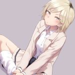  1girl blazer blonde_hair blush clothes_around_waist jacket jacket_around_waist mochi_(mochi444420) short_hair sitting socks watashi_ga_motenai_no_wa_dou_kangaetemo_omaera_ga_warui! yoshida_masaki 