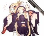  3girls abigail_williams_(fate/grand_order) bangs black_bow black_dress black_headwear black_jacket black_legwear blonde_hair blue_eyes bow closed_mouth covered_mouth crossed_bandaids dress eyebrows_visible_through_hair fate/grand_order fate_(series) forehead grin hair_bow hair_bun hat heroic_spirit_festival_outfit highres jacket kneehighs knees_up long_hair long_sleeves looking_at_viewer multiple_girls multiple_persona object_hug orange_bow parted_bangs photo polka_dot polka_dot_bow red_eyes red_footwear revealing_clothes sharp_teeth shoes signature sleeves_past_fingers sleeves_past_wrists smile sofra stuffed_animal stuffed_toy teddy_bear teeth traditional_media very_long_hair white_hair 