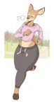  2019 5_fingers anthro blush bottomwear cervid clothed clothing curvy_figure detailed_background digital_media_(artwork) exercise female fingers fur hoofed jogging mammal open_mouth outside park running shirt slightlysimian solo sweatpants tired topwear tree wide_hips 