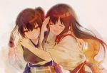  2girls 888myrrh888 akagi_(kancolle) anthropomorphism blush brown_eyes brown_hair gloves hug japanese_clothes kaga_(kancolle) kantai_collection ponytail 