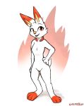  2019 anthro breasts cheek_tuft chest_tuft dipstick_ears enginetrap facial_tuft featureless_breasts featureless_crotch female fur hand_on_hip leg_markings looking_at_viewer markings multicolored_ears nintendo nude open_mouth open_smile orange_body orange_fur pok&eacute;mon pok&eacute;mon_(species) scorbunny simple_background smile socks_(marking) solo standing tuft video_games white_body white_fur 